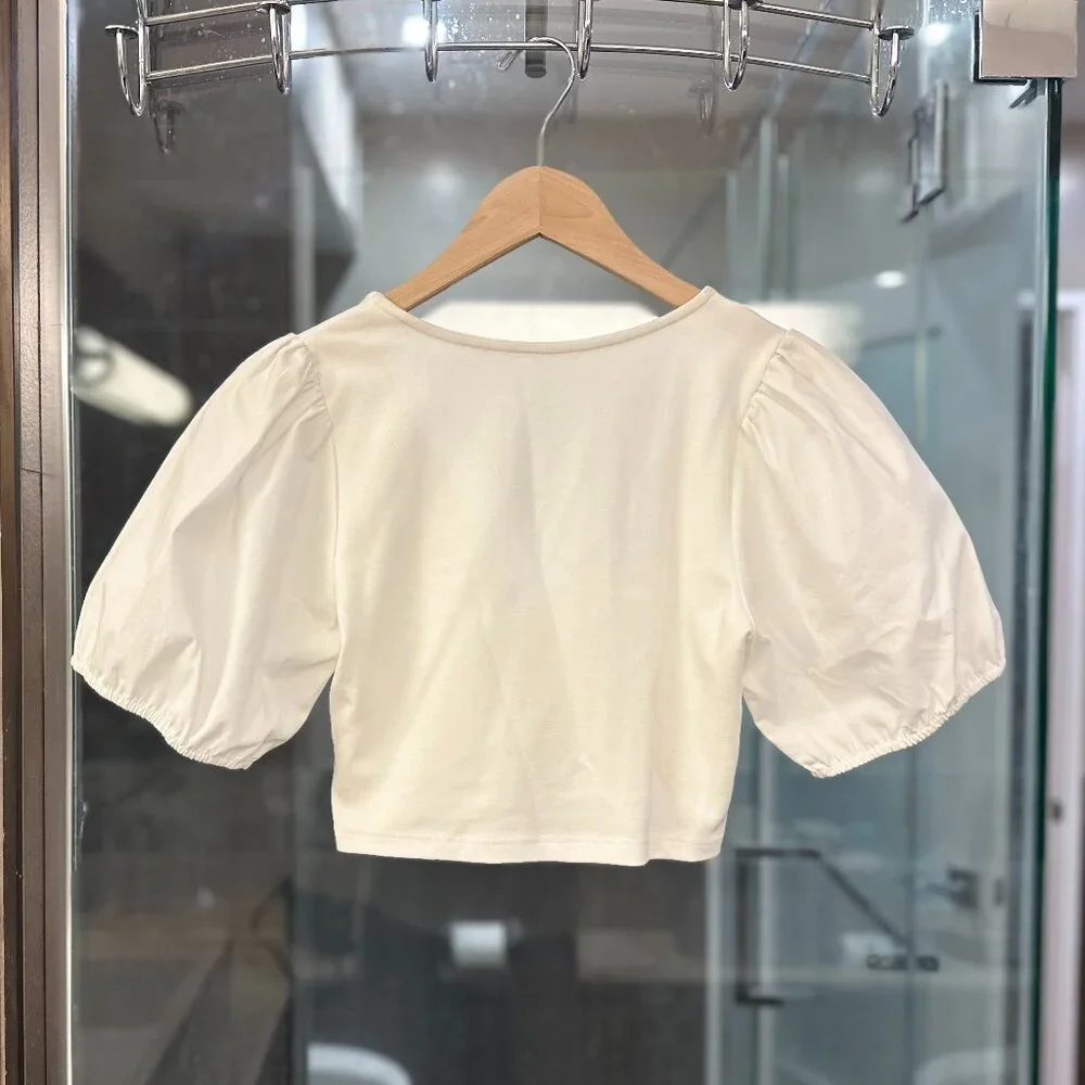 (NWOT) NLT Cotton-Poplin Puff Sleeve V-Neck Crossover Cropped Blouse (White) - Picture 7 of 14